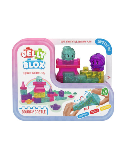 Jelly Blox Bouncy Castle sensory play toy in its original retail packaging, featuring a pink and blue container with a clear window showing the translucent purple and green toy pieces inside.