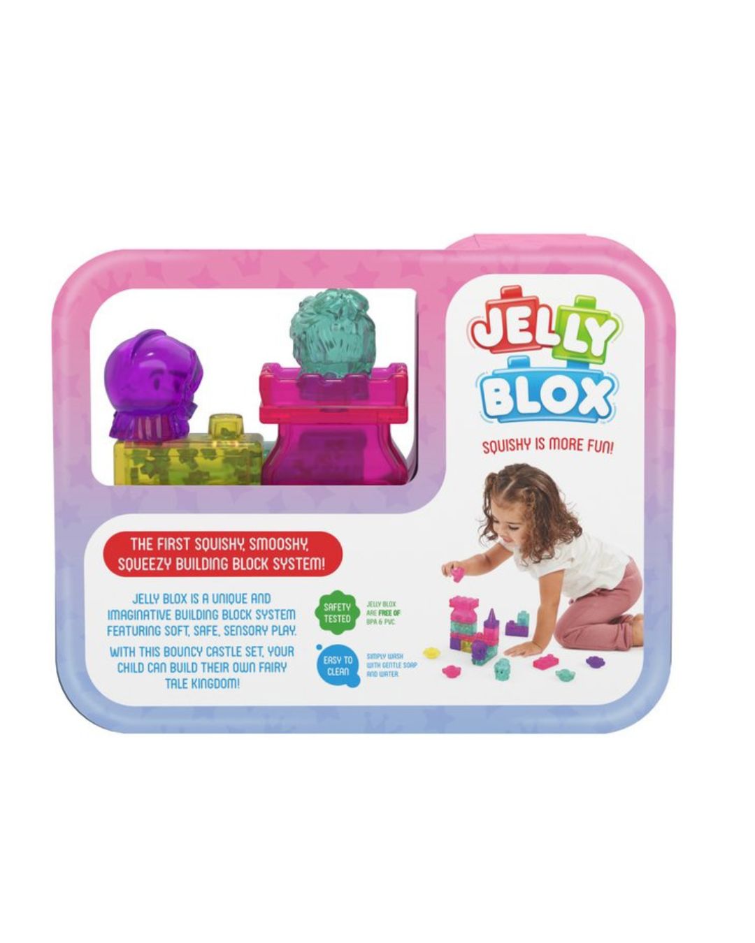 Jelly Blox Squeaky Building Block System in its original pink and blue packaging, featuring a purple jelly octopus and a green jelly castle toy visible through the front window.