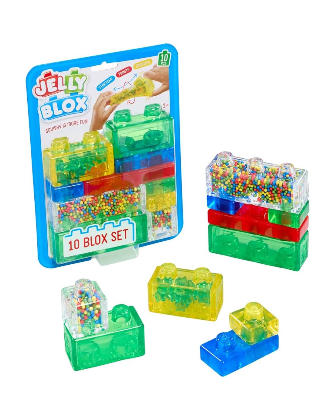 Jelly Blox 10-blox set with colorful translucent toy blocks filled with small multicolored beads, shown both in retail packaging and unpackaged on a white background.