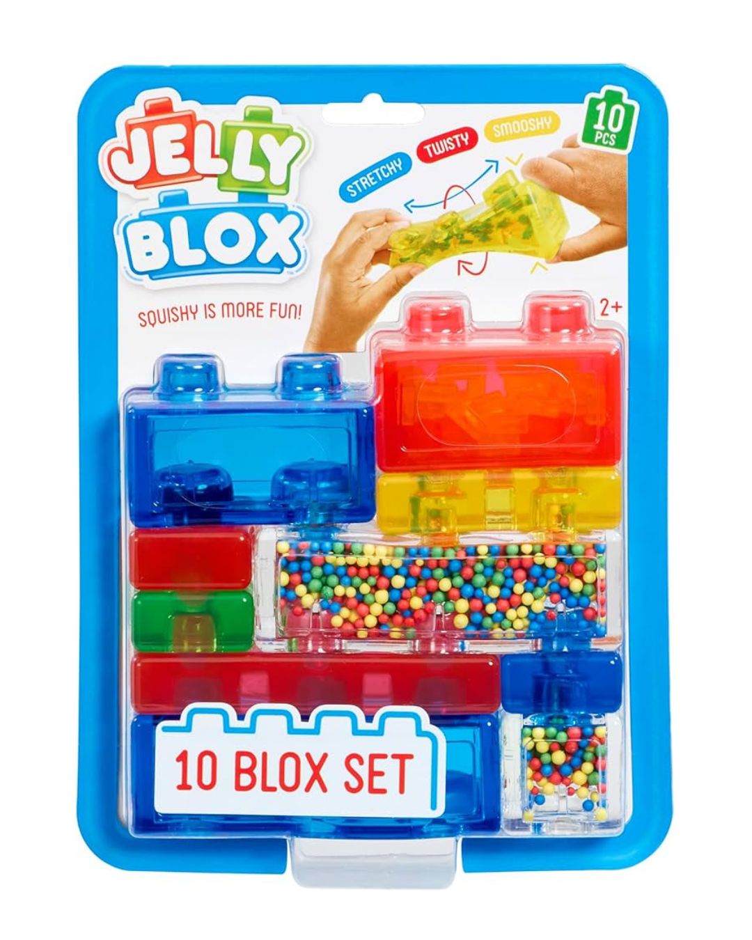 Jelly Blox 10-piece toy set in its original blue blister packaging, featuring translucent building block-shaped containers filled with colorful gel and small multicolored beads.