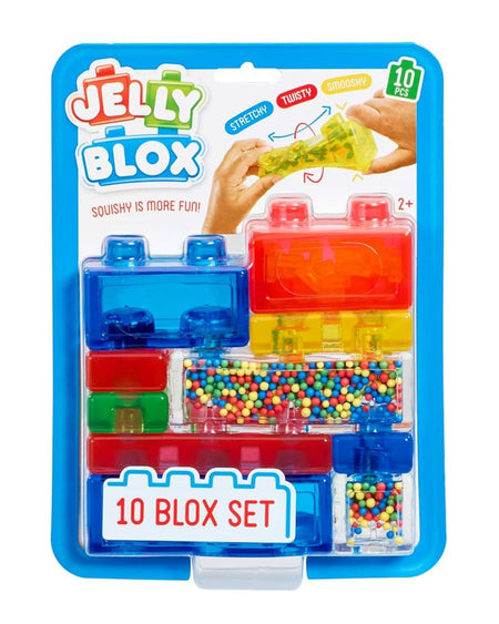 Jelly Blox 10-piece toy set in its original blue blister packaging, featuring translucent building block-shaped containers filled with colorful gel and small multicolored beads.