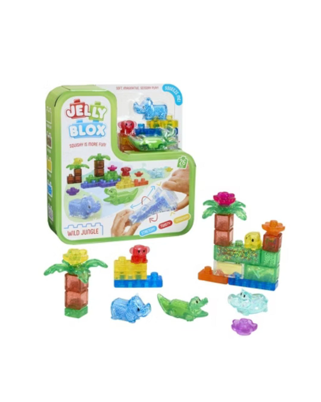 Jelly Blox Wild Jungle educational toy set with its green and white packaging box, shown alongside several colorful translucent building blocks and animal figures on a plain white background.