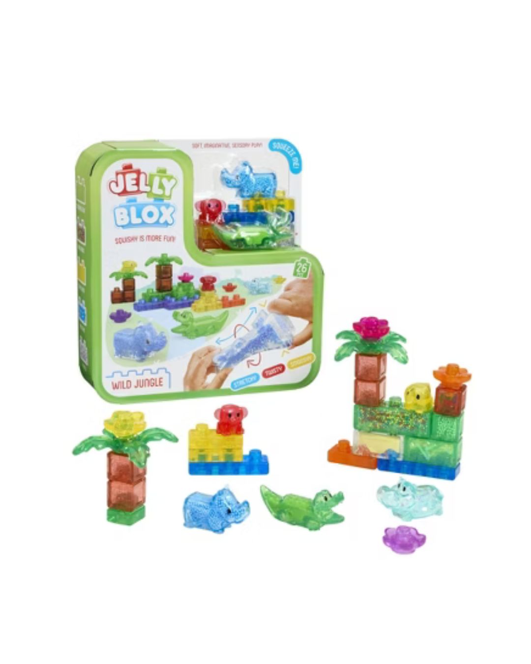 Jelly Blox Wild Jungle educational toy set with its green and white packaging box, shown alongside several colorful translucent building blocks and animal figures on a plain white background.