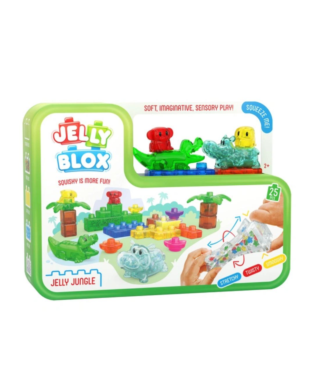 Jelly Blox Jelly Jungle sensory play toy set in a green plastic box, featuring colorful jelly creatures and jungle-themed graphics on the packaging.