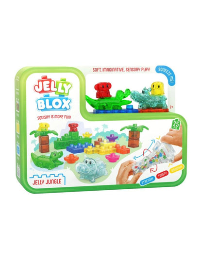Jelly Blox Jelly Jungle sensory play toy set in a green plastic box, featuring colorful jelly creatures and jungle-themed graphics on the packaging.