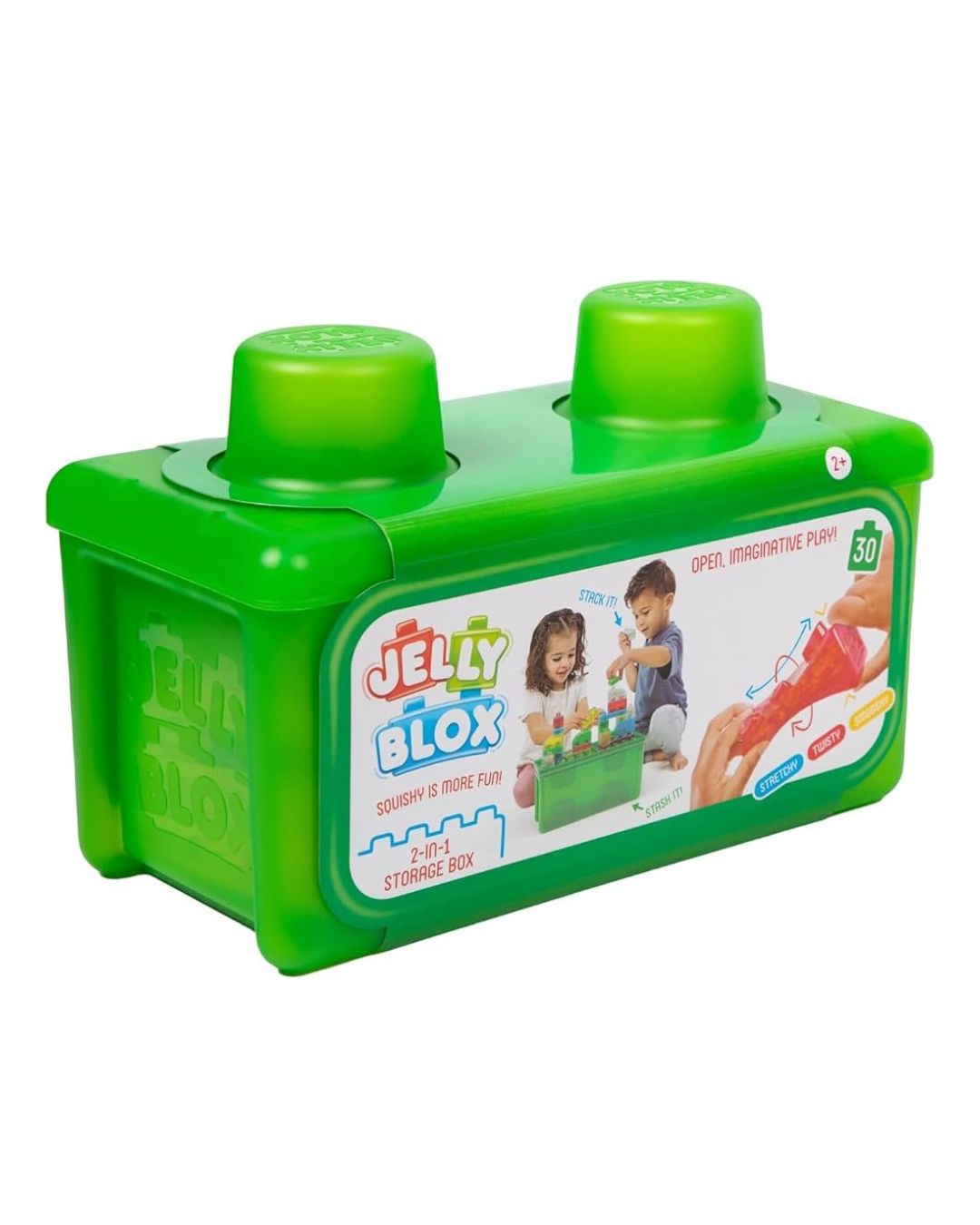 A green Jelly Blox 3-in-1 storage box designed to look like a toy building block, featuring two screw-on top caps and a front label showing the brand and product details.