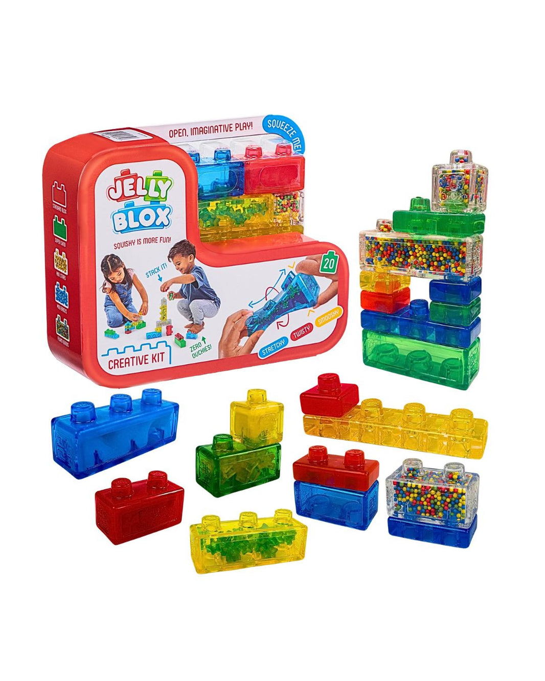 Jelly Blox Creative Kit toy set with a red storage box, colorful translucent building blocks, and clear blocks filled with small multicolored beads, shown on a white background.