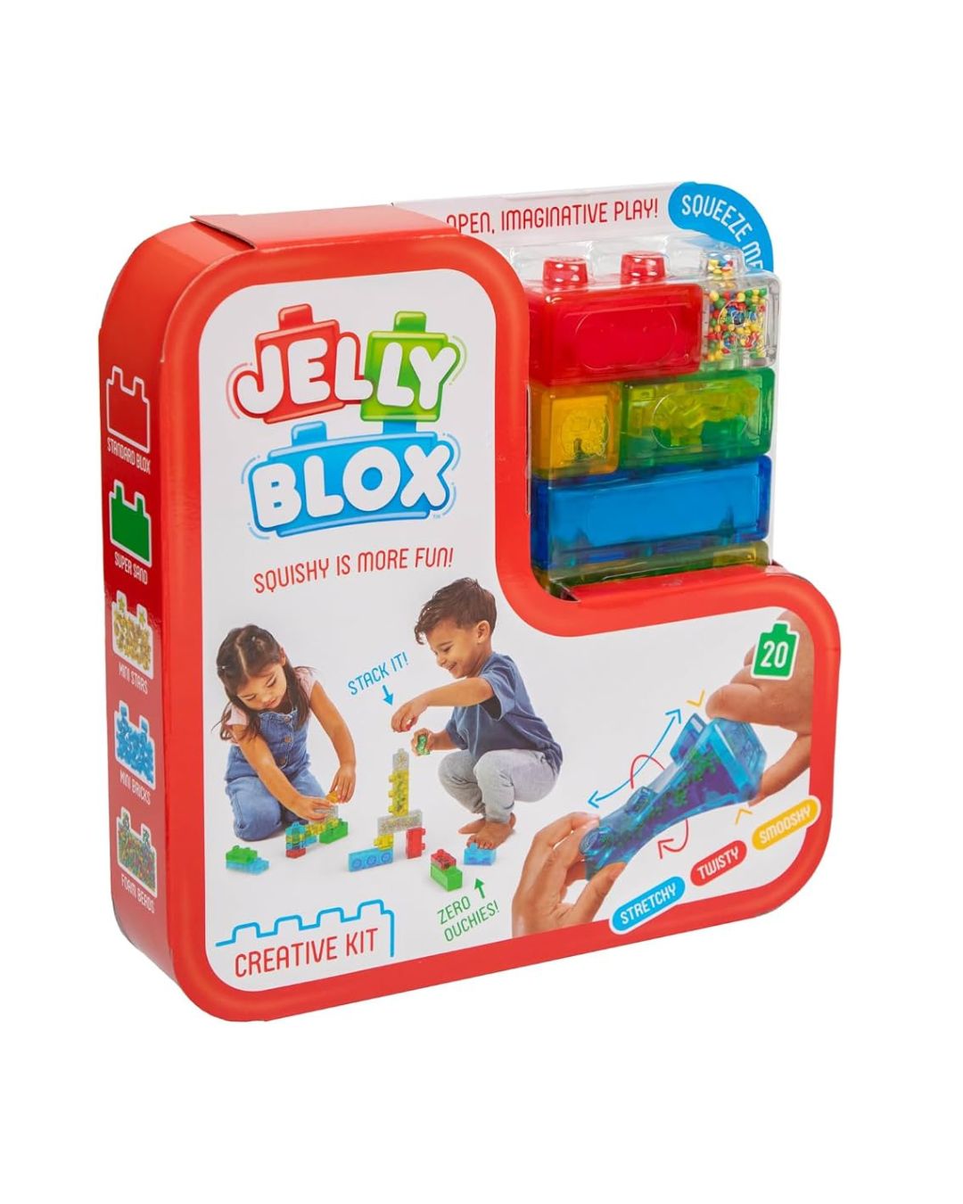 Jelly Blox Creative Kit in a red box, featuring translucent multicolor jelly blocks with children playing and product illustrations on the front.