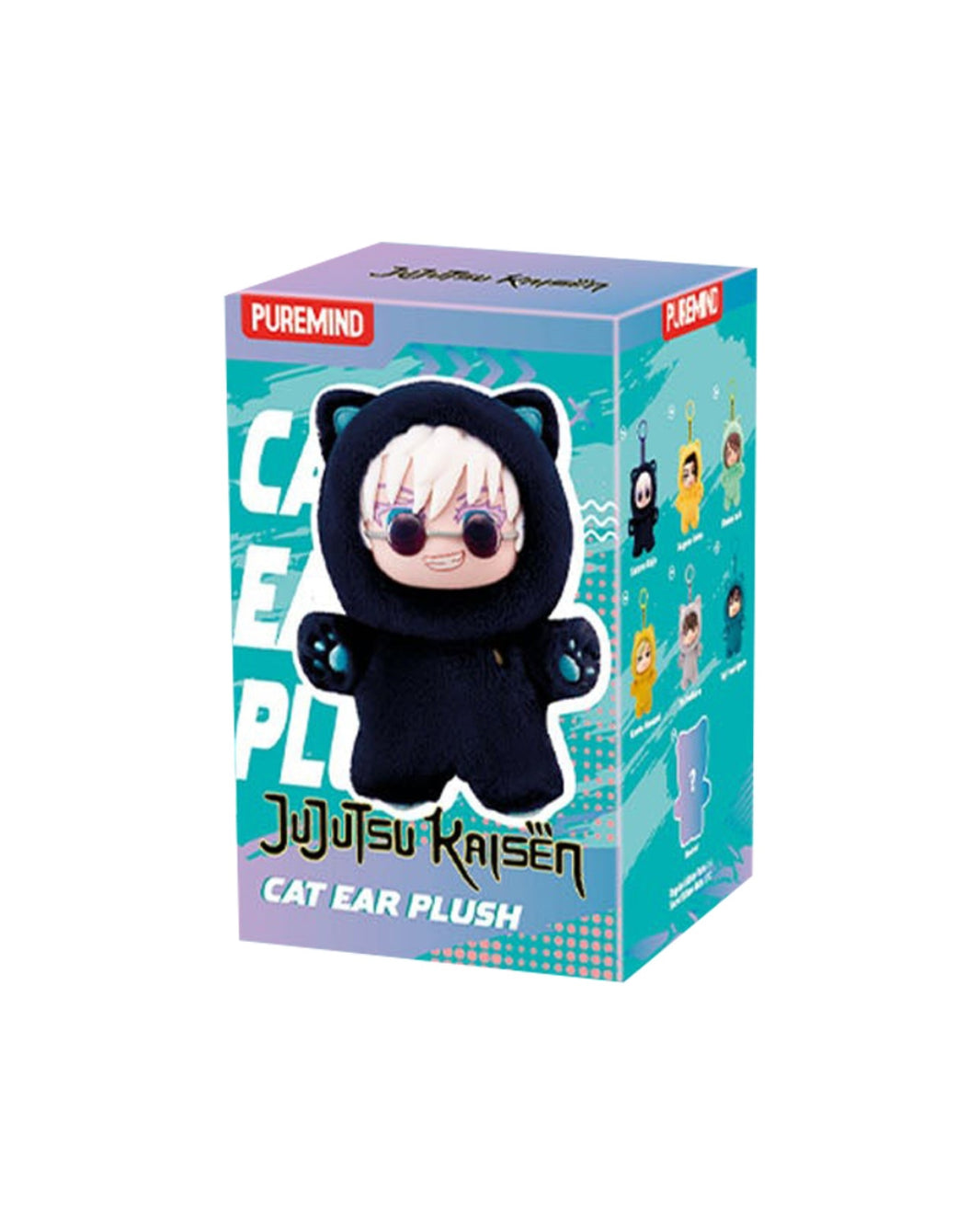 Jujutsu Kaisen- Cat Ear Plush product on a plain white background. The package shows a Satoru Gojo plush with cat ears and a black hooded outfit, and the box branding reads Puremind and Yujiu Kaisen.