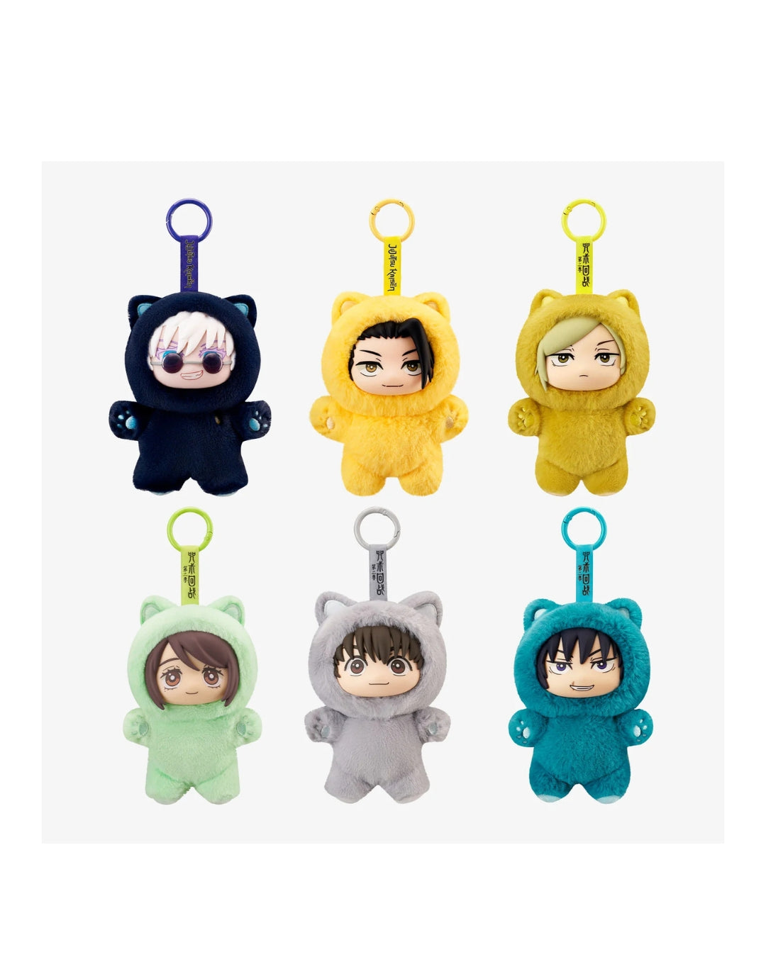Six plush characters from the Jujutsu Kaisen series keychains arranged in a 2x3 grid on a white background. Each plush figure wears a different colored hooded suit: black, yellow, mustard yellow, mint green, light gray, and teal blue.