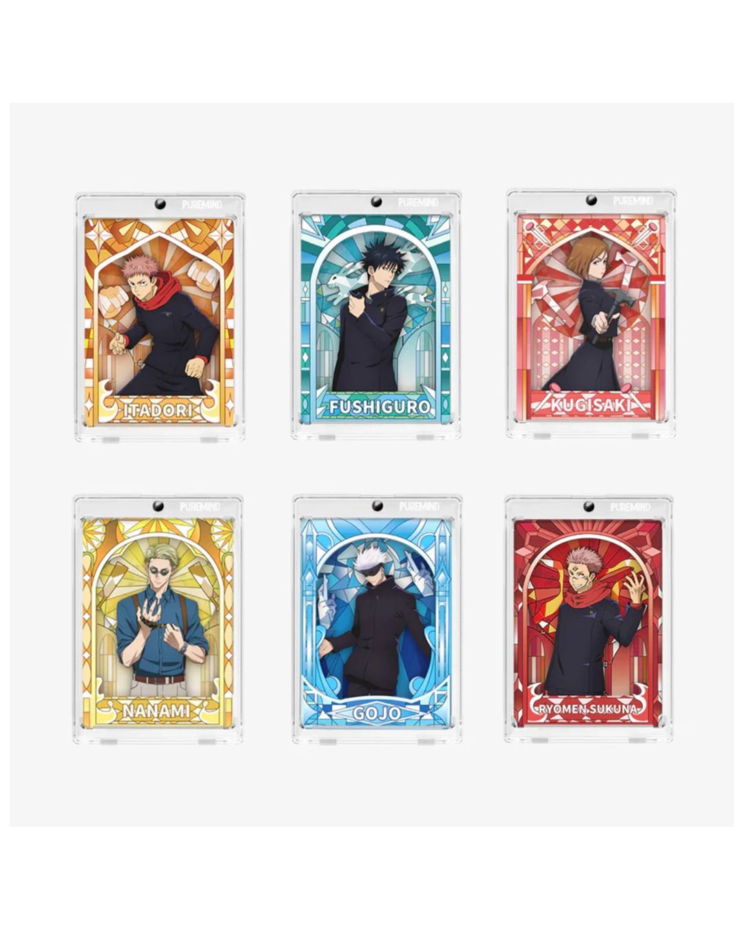 Six character mini panels arranged in a 2x3 grid on a white background. Each piece features an anime character in a colorful arched frame with character names printed below from the Jujutsu Kaisen series
