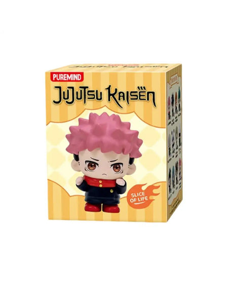 Jujutsu Kaisen- Slice of Life blind box figure by Puremind, featuring a chibi character with pink hair and a dark outfit on a yellow striped box.