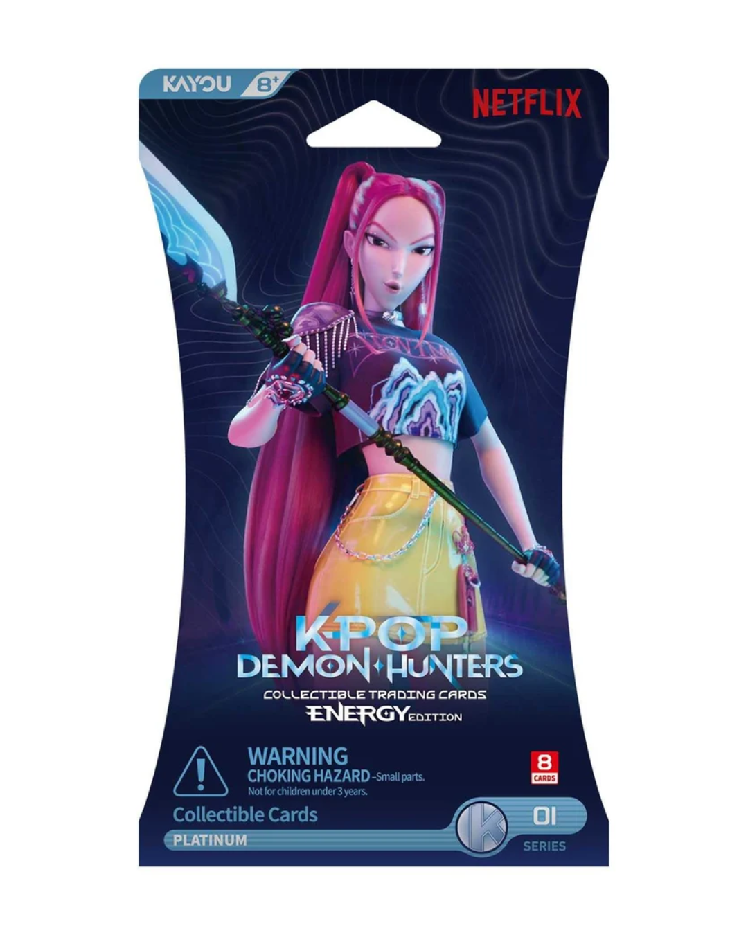 A packaged collectible trading card set for K-pop Demon Hunters Energy Edition, featuring a character illustration and visible Netflix branding on the front.