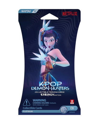 A retail package of K-pop Demon Hunters Energy Edition collectible trading cards, featuring a character illustration and visible Netflix branding at the top.