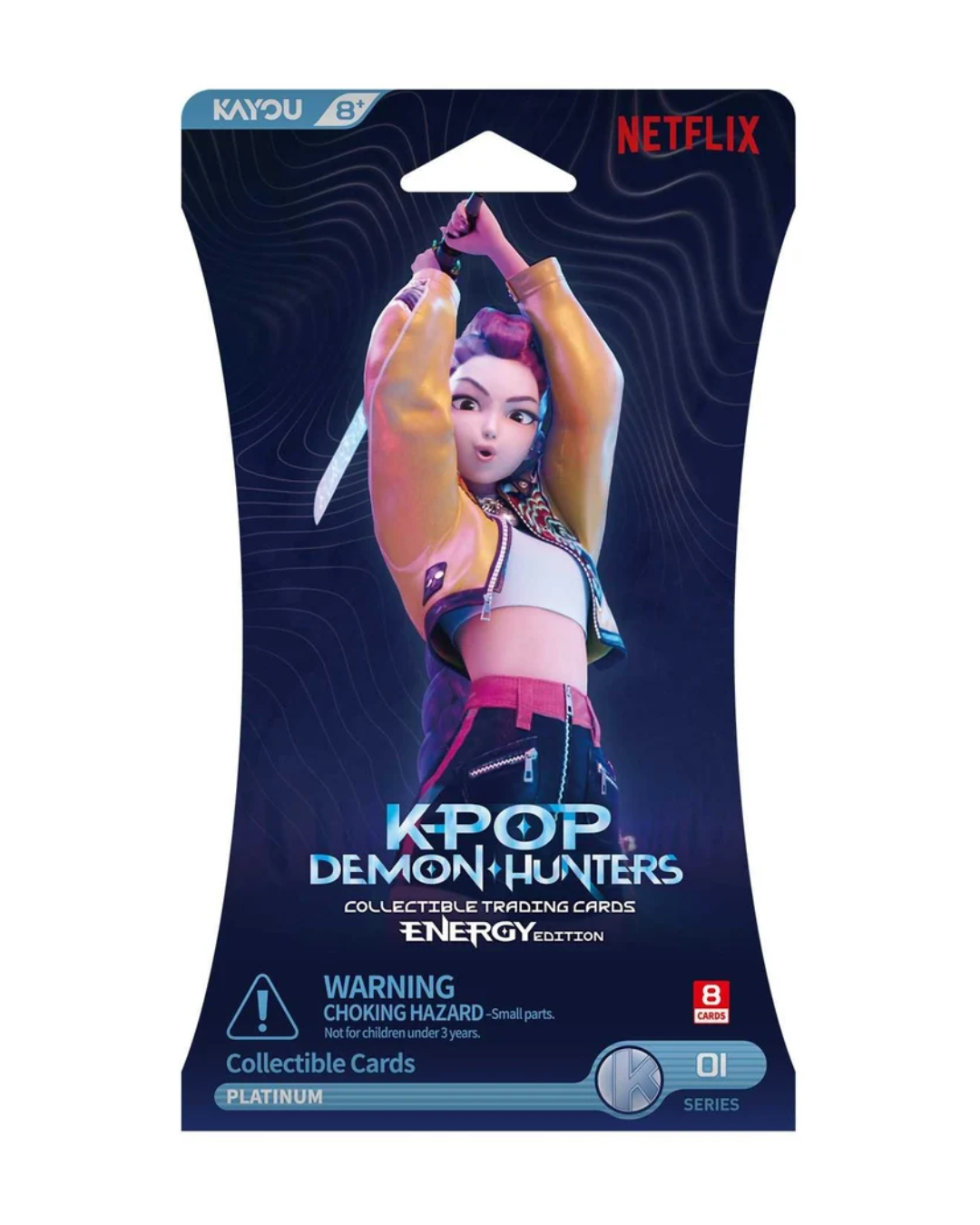 K-pop Demon Hunters Energy Edition OI Series 1 collectible trading cards packaging by Kayou, featuring a character illustration and Netflix branding on a white background.