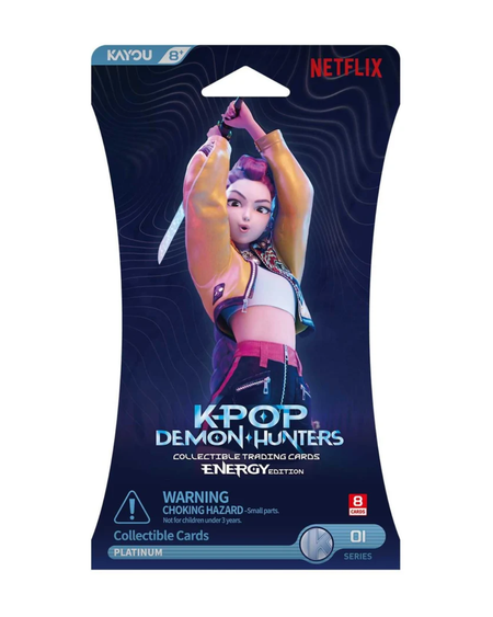 K-pop Demon Hunters Energy Edition OI Series 1 collectible trading cards packaging by Kayou, featuring a character illustration and Netflix branding on a white background.