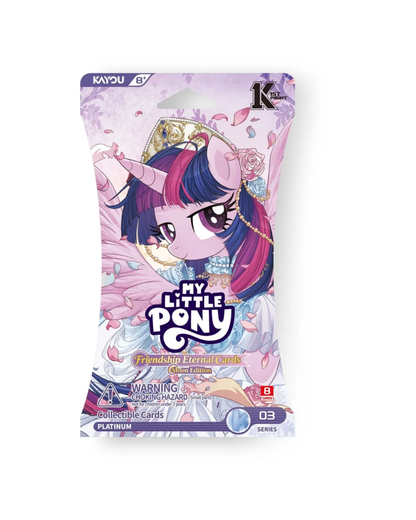 My Little Pony Friendship Eternal Cards collectible card booster pack, featuring Twilight Sparkle on the front with a purple and pink color scheme, set against a plain white background.
