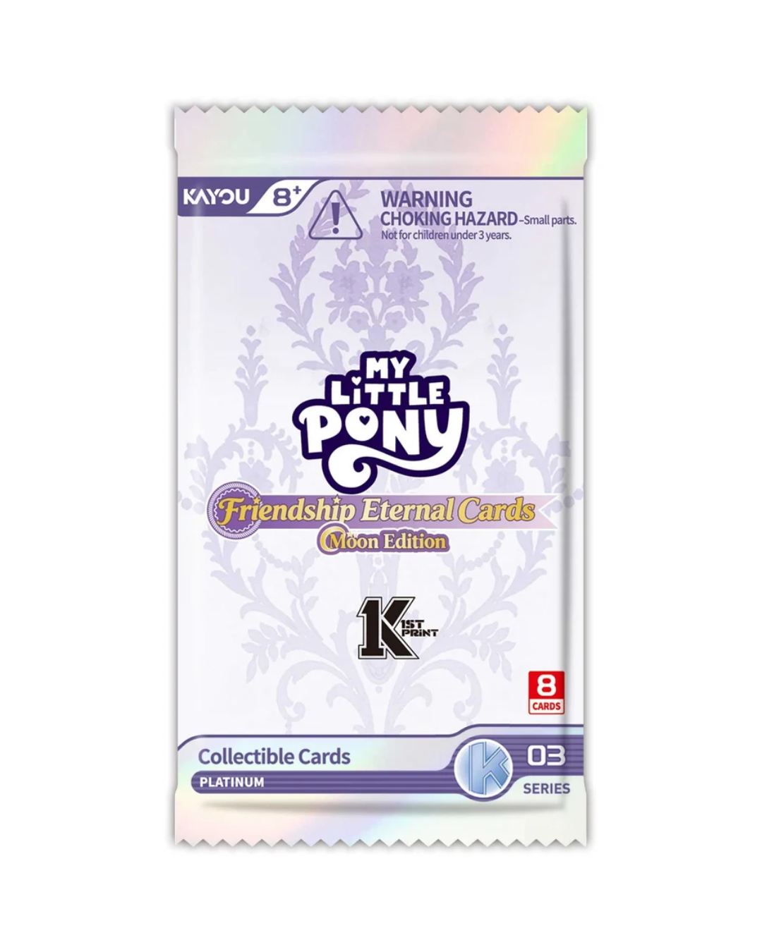 A pack of My Little Pony: Friendship Eternal Cards Series 03 Platinum collectible cards, featuring a white and lavender damask pattern with holographic edges.