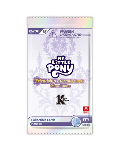 A pack of My Little Pony: Friendship Eternal Cards Series 03 Platinum collectible cards, featuring a white and lavender damask pattern with holographic edges.