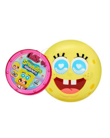 An LOL yellow SpongeBob-themed round capsule with a smiling face and heart-shaped eyes, shown next to a pink circular lid featuring 'SpongeBob SquarePants'.
