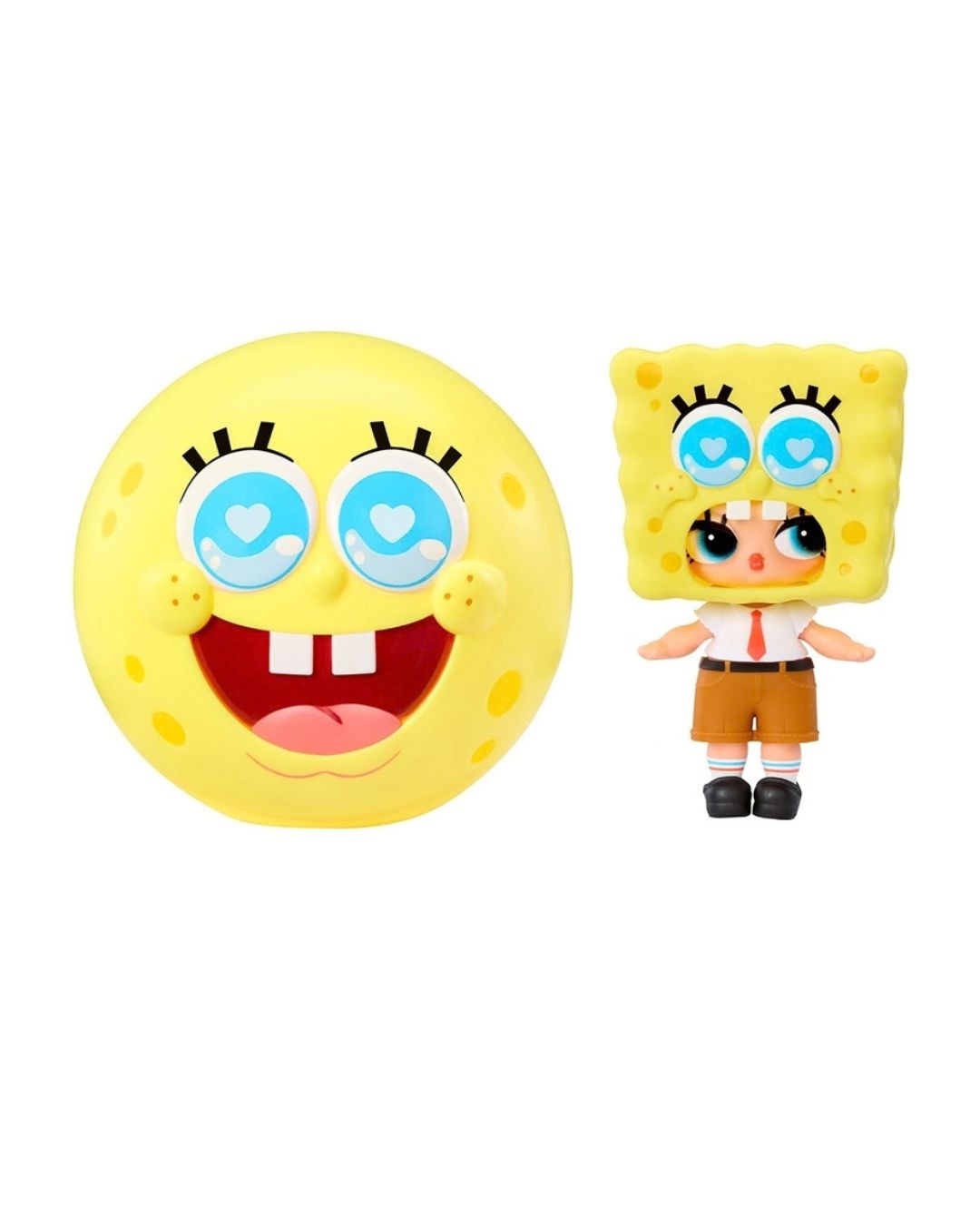 A yellow SpongeBob-themed collectible figure and matching round capsule on a plain white background. The figure has a square yellow head with cartoon eyes, a face covering, and a small body with brown shorts, a white shirt, and black shoes.