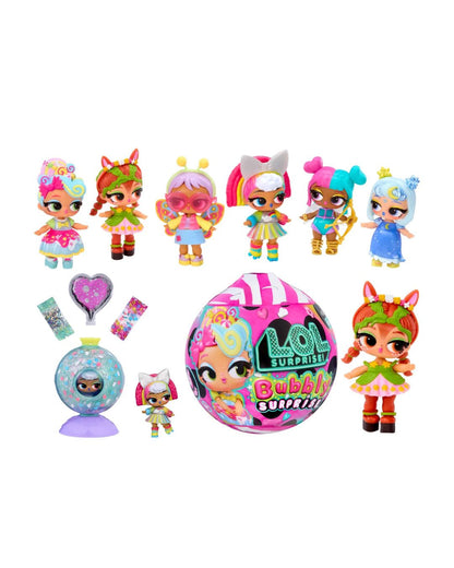 A LOL Surprise Bubble Egg set featuring a large pink and white striped bubble egg, a small doll inside, a stand, and several colorful accessories, with six Barbie-themed dolls arranged around it on a plain white background.