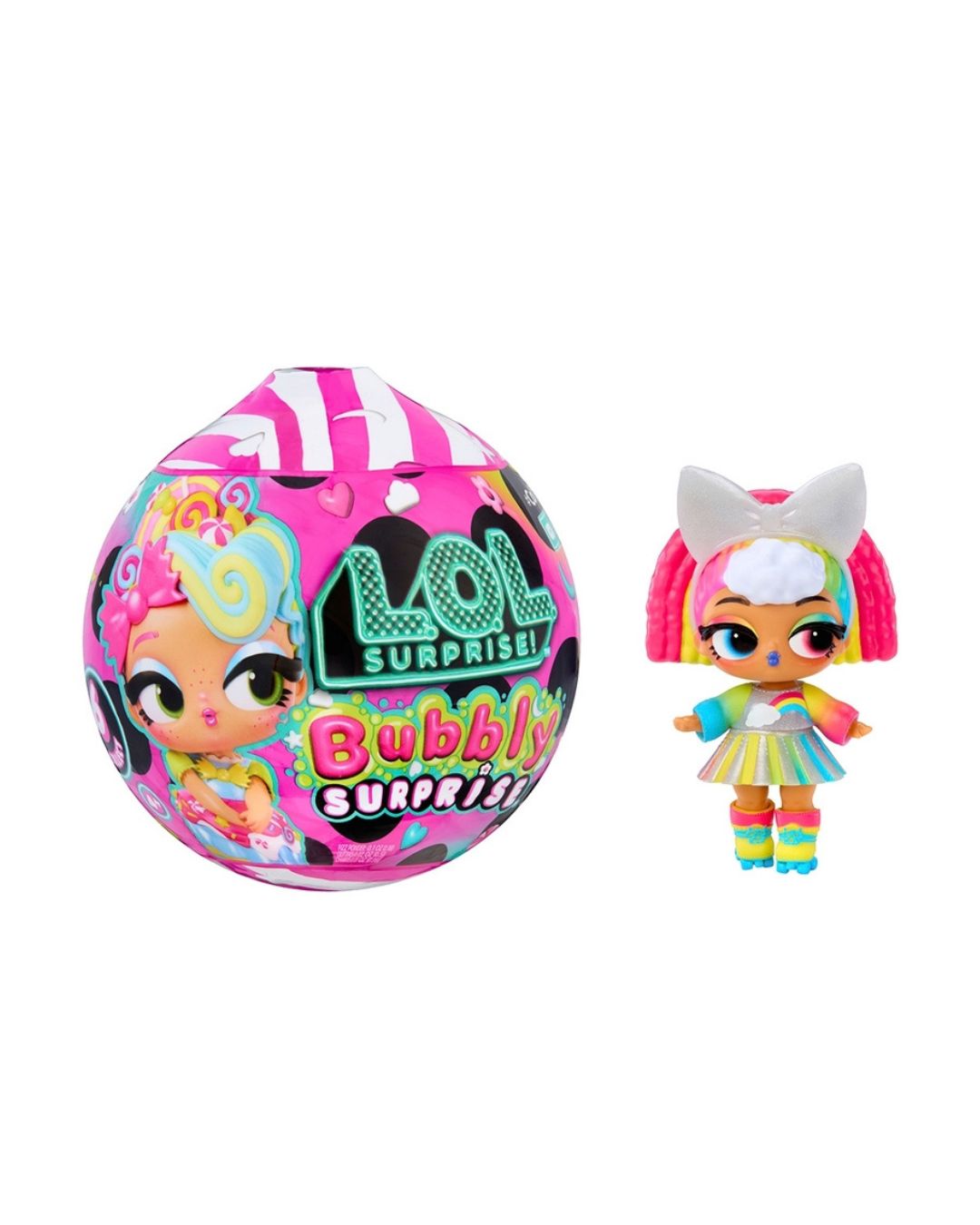 LOL Bubble Surprise! Set featuring a colorful spherical egg with cartoon graphics and text, alongside a small doll with pink hair, a white bow, and a rainbow outfit, shown on a plain white background.