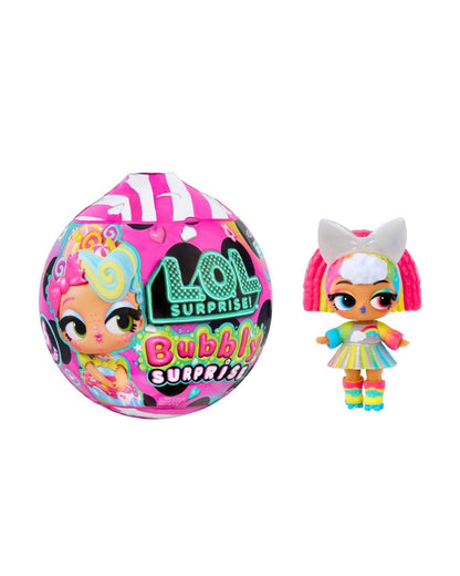 LOL Bubble Surprise! Set featuring a colorful spherical egg with cartoon graphics and text, alongside a small doll with pink hair, a white bow, and a rainbow outfit, shown on a plain white background.