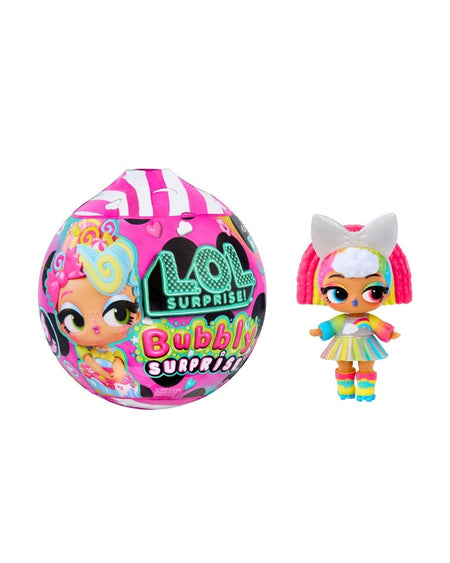 LOL Bubble Surprise! Set featuring a colorful spherical egg with cartoon graphics and text, alongside a small doll with pink hair, a white bow, and a rainbow outfit, shown on a plain white background.