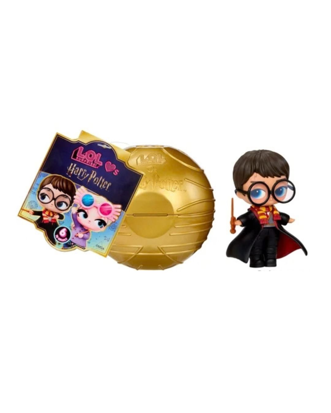 A LOL Surprise x Harry Potter blind bag toy set on a white background, featuring a gold foil-wrapped bag, a branded card, and a small chibi Harry Potter figure.
