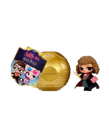 A LOL Surprise x Harry Potter blind bag toy set on a white background, featuring a gold foil-wrapped bag, a branded card, and a small chibi Hermione figure.