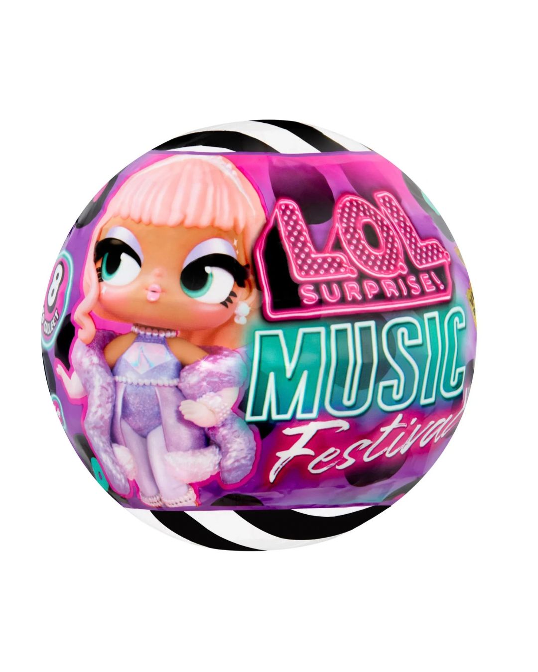 A spherical LOL Surprise! Music Festival toy ball featuring an LOL Surprise character doll with pink hair and a purple outfit, with bold pink, teal, and white text on a glossy multicolor surface.