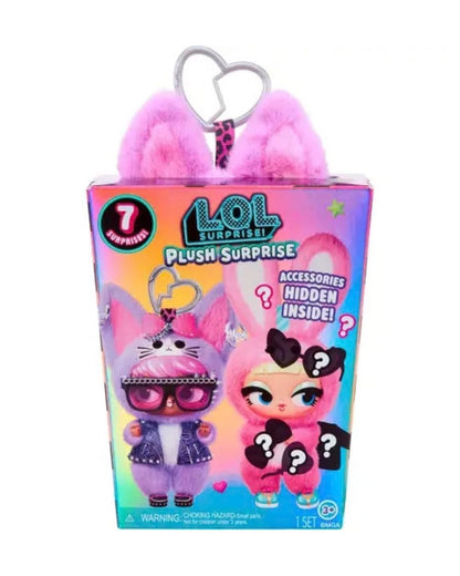 LOL Surprise! Plush Surprise 1-pack toy box with a pink plush bunny accessory and heart-shaped keychain attached, shown on a white background.