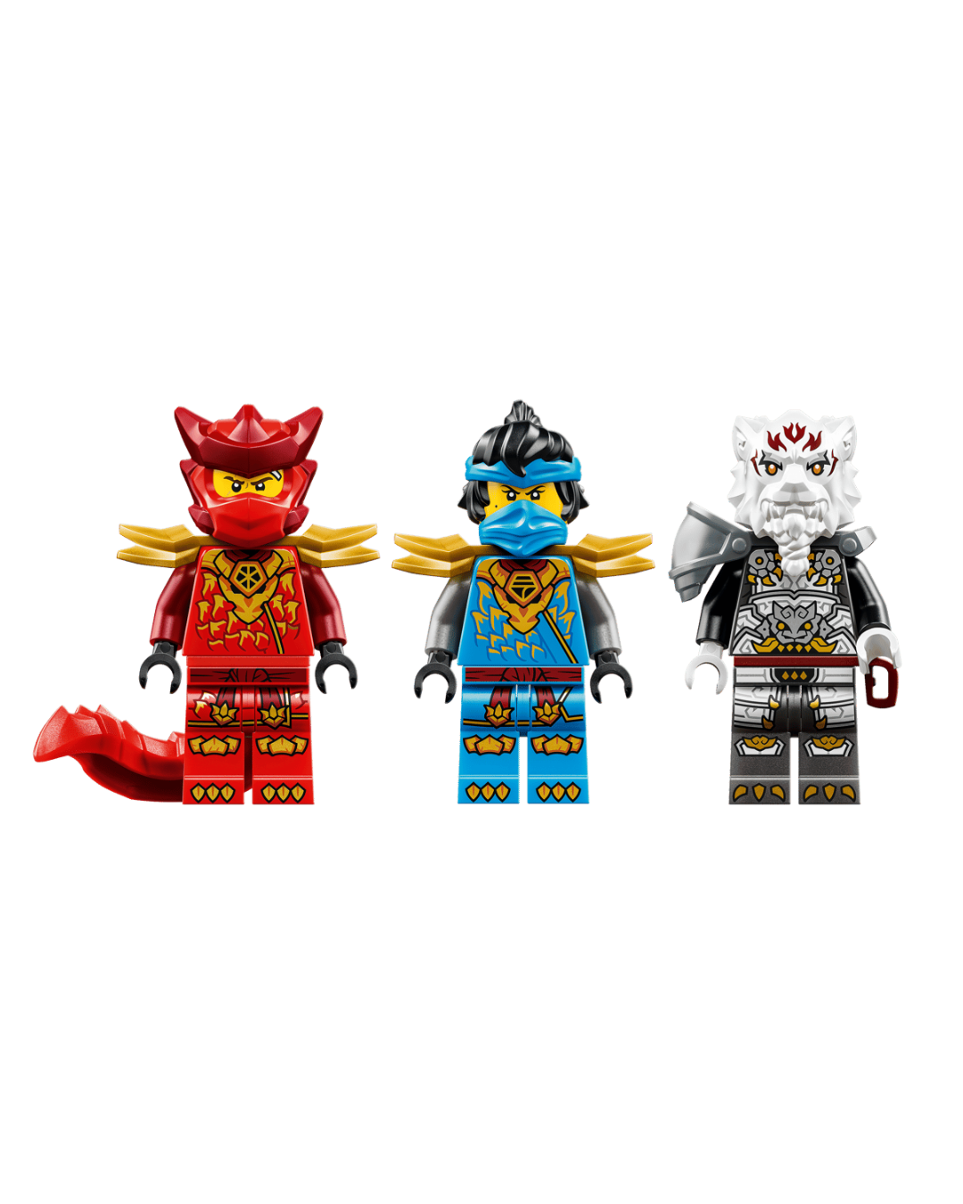 Three LEGO 71863 Zilvar and Grimtak the Dragon Beast minifigures in front of white background 