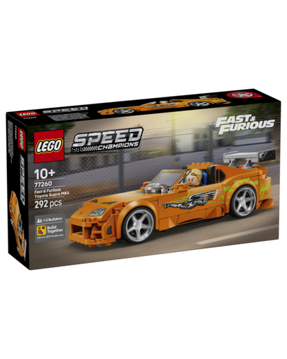 LEGO Speed Champions Fast & Furious box set, featuring a bright orange toy car with black and yellow graphics, shown on a clean white background.