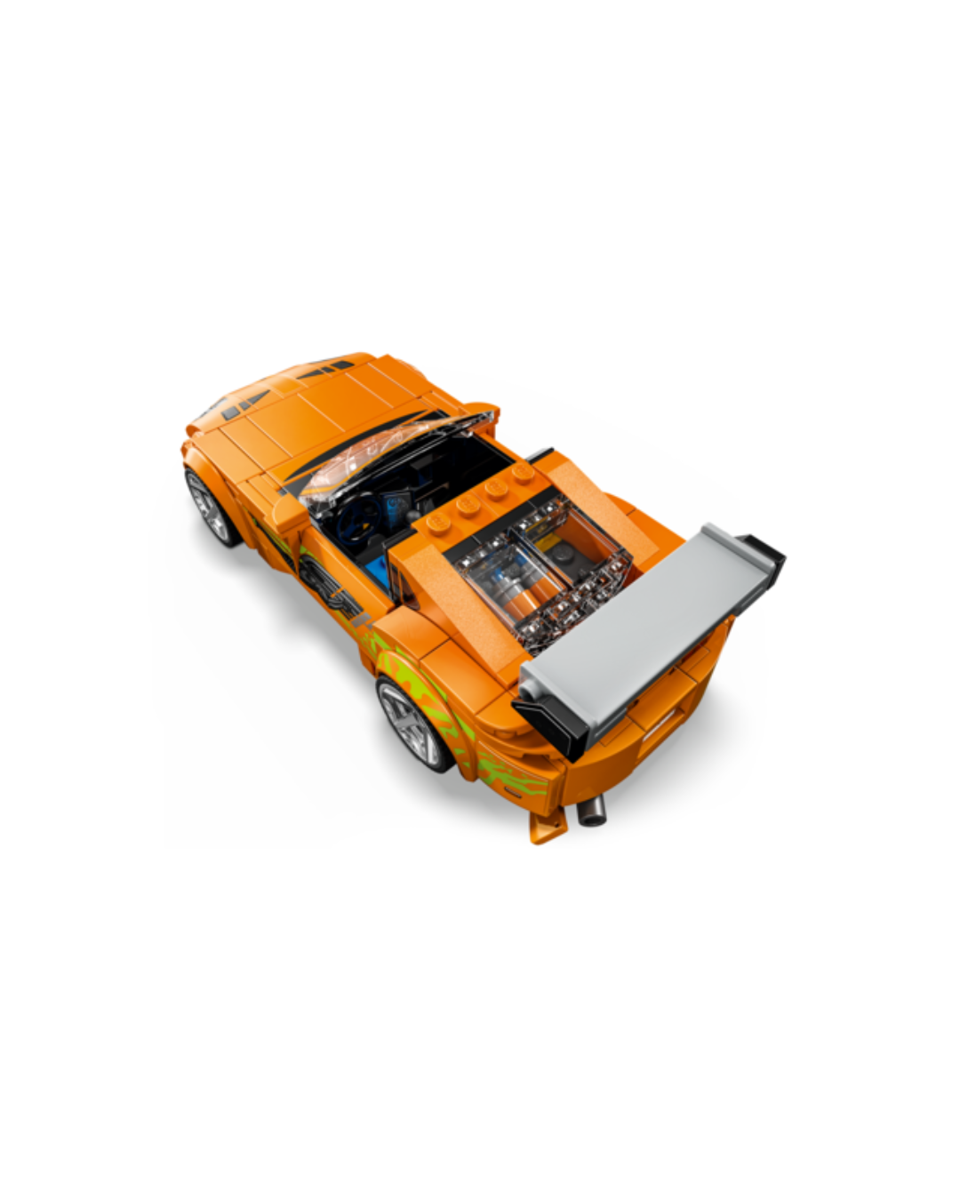 An orange LEGO toy sports car with its hood and rear trunk open, showing a detailed interior, photographed on a clean white background.