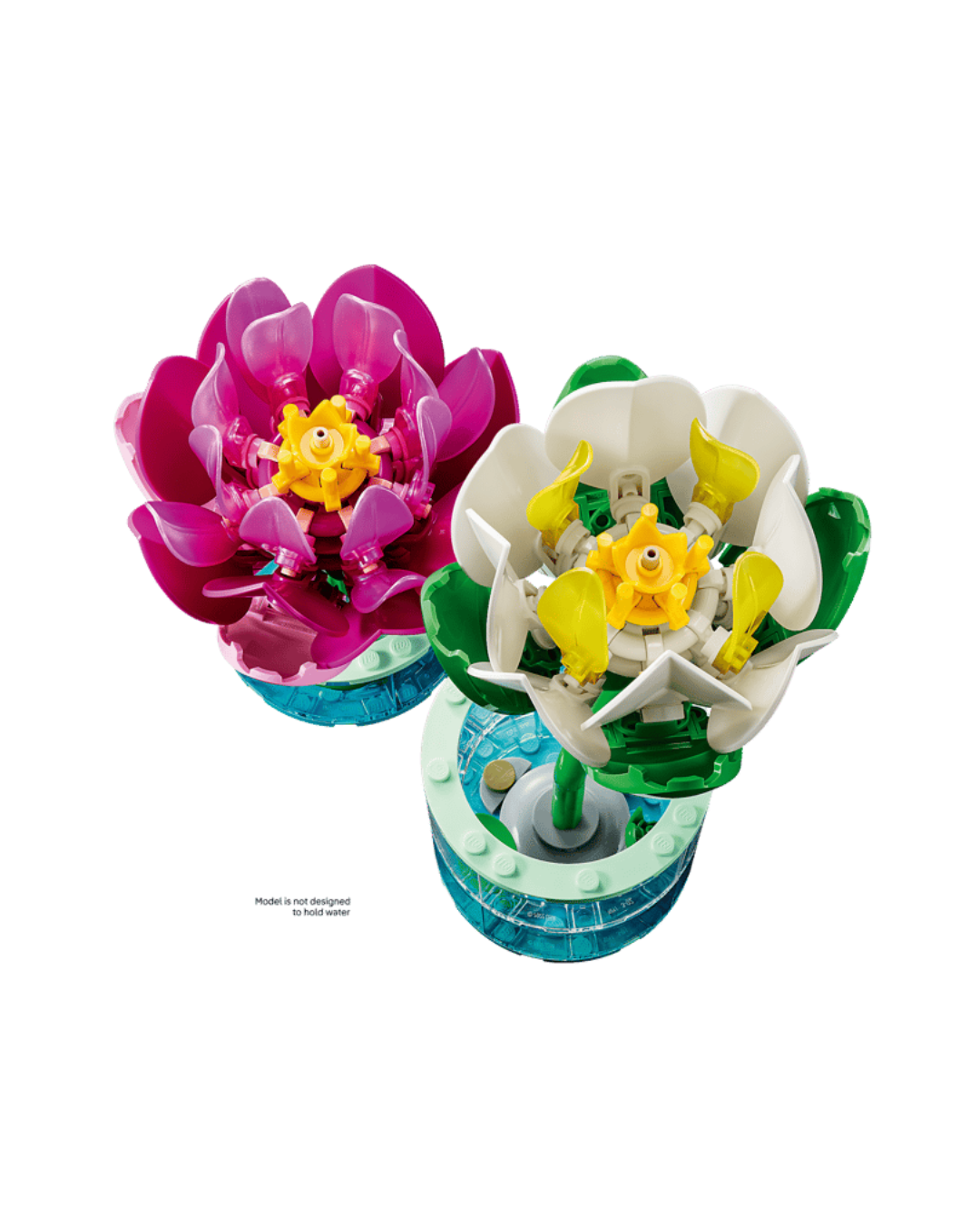 Two LEGO water lilies in front of white background