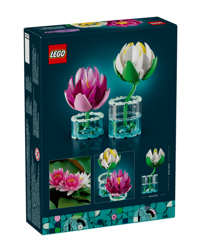 two LEGO water lilies on blue product box and white background