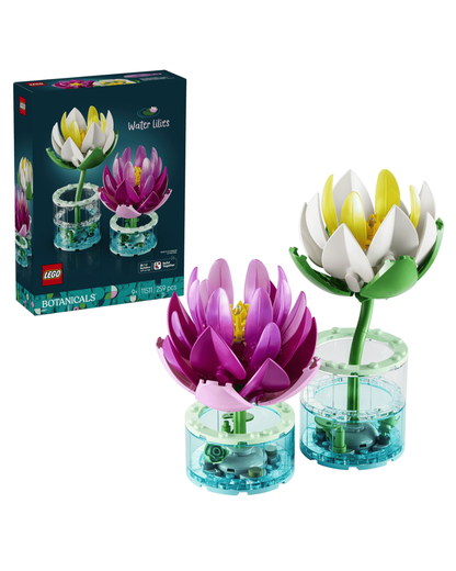 Two LEGO water lilies featured in front of white background containing product box.