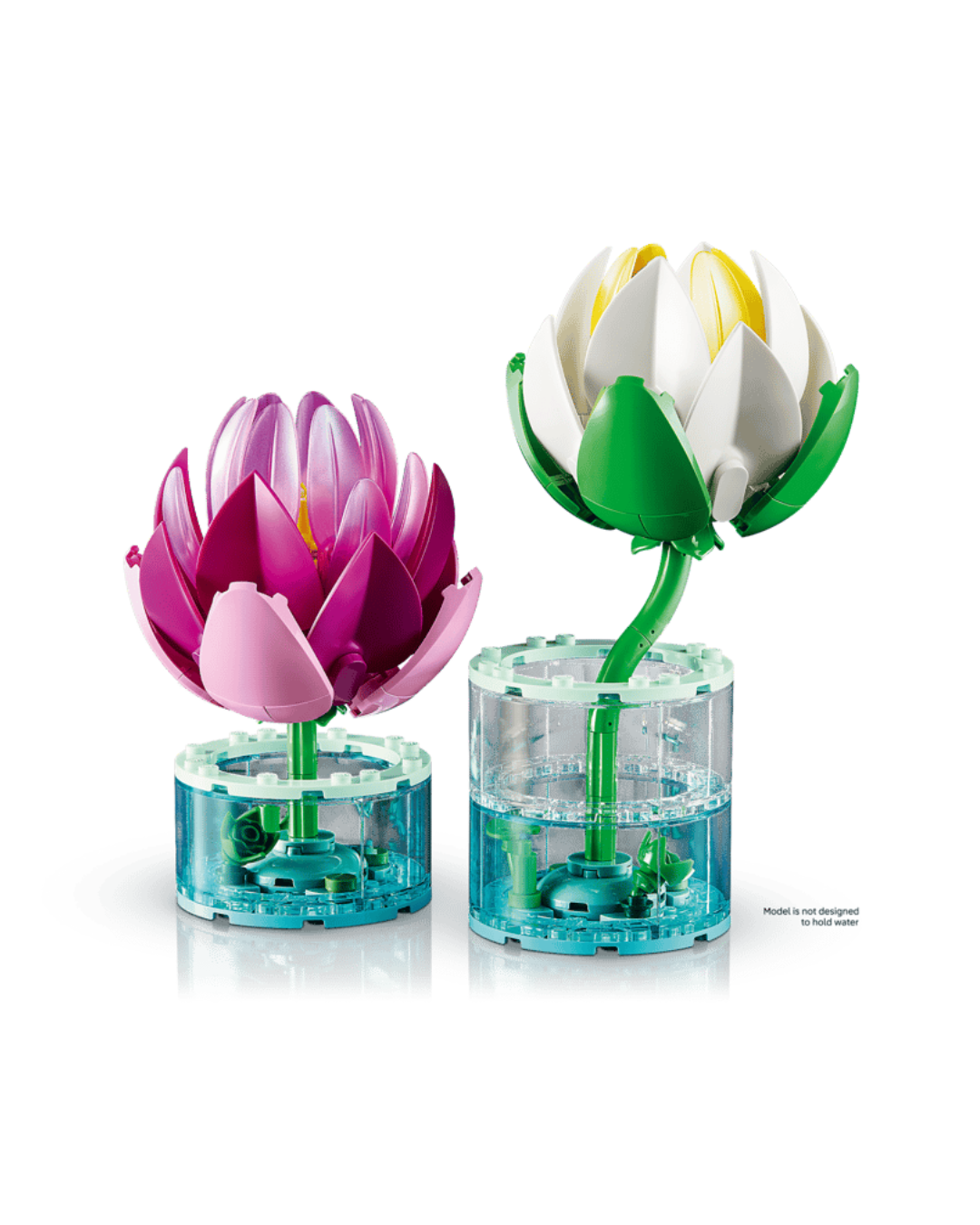 Two LEGO water lilies in front of white background