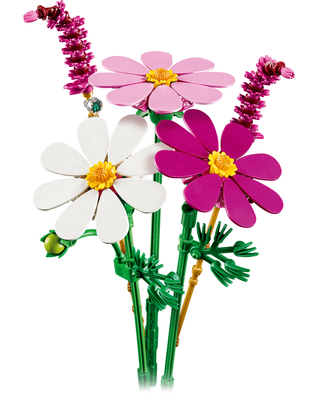 Three LEGO cosmos flowers and two fountain grass flowers in front of white background