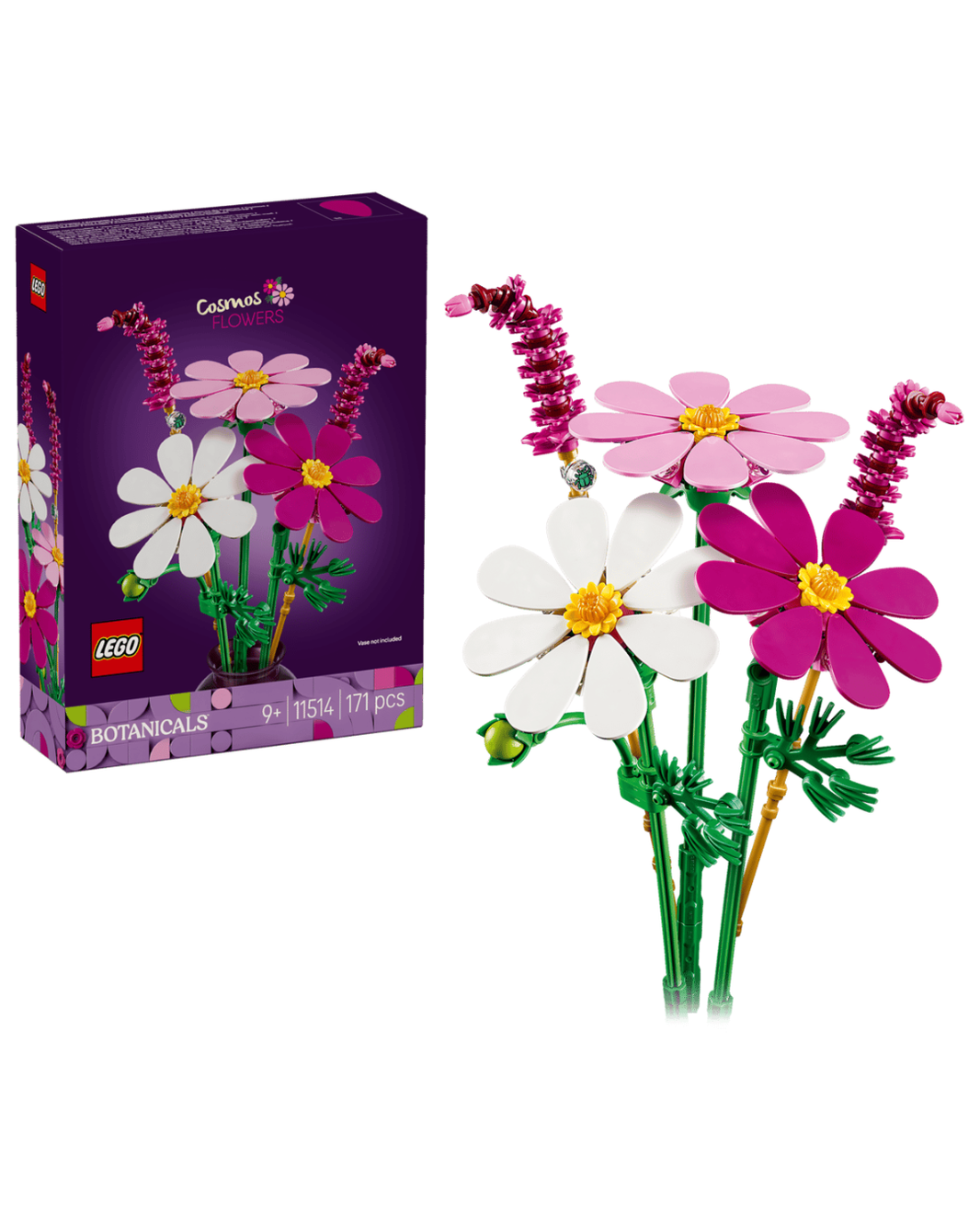 Three lego cosmos flowers and two fountain grass flowers in front of product box and white background 