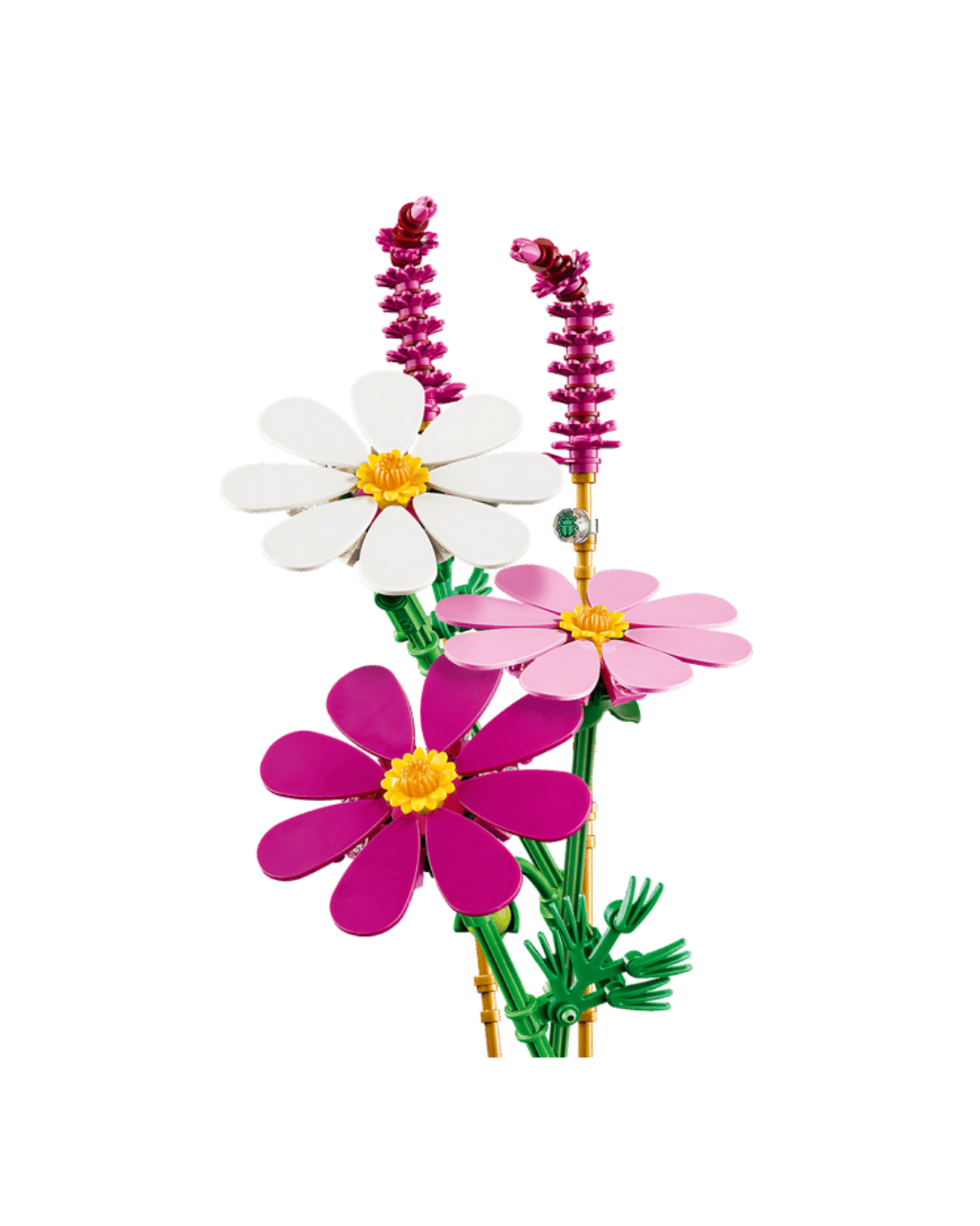 Three LEGO cosmos flowers and two fountain grass flowers in front of white background