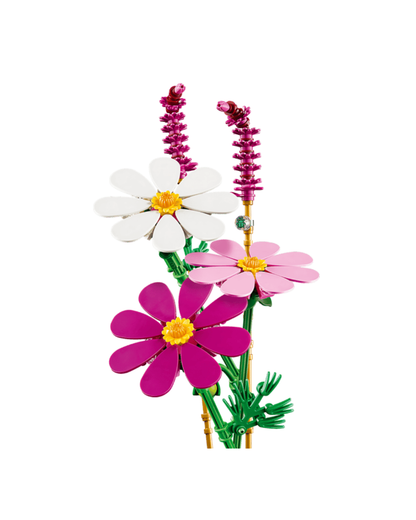Three LEGO cosmos flowers and two fountain grass flowers in front of white background