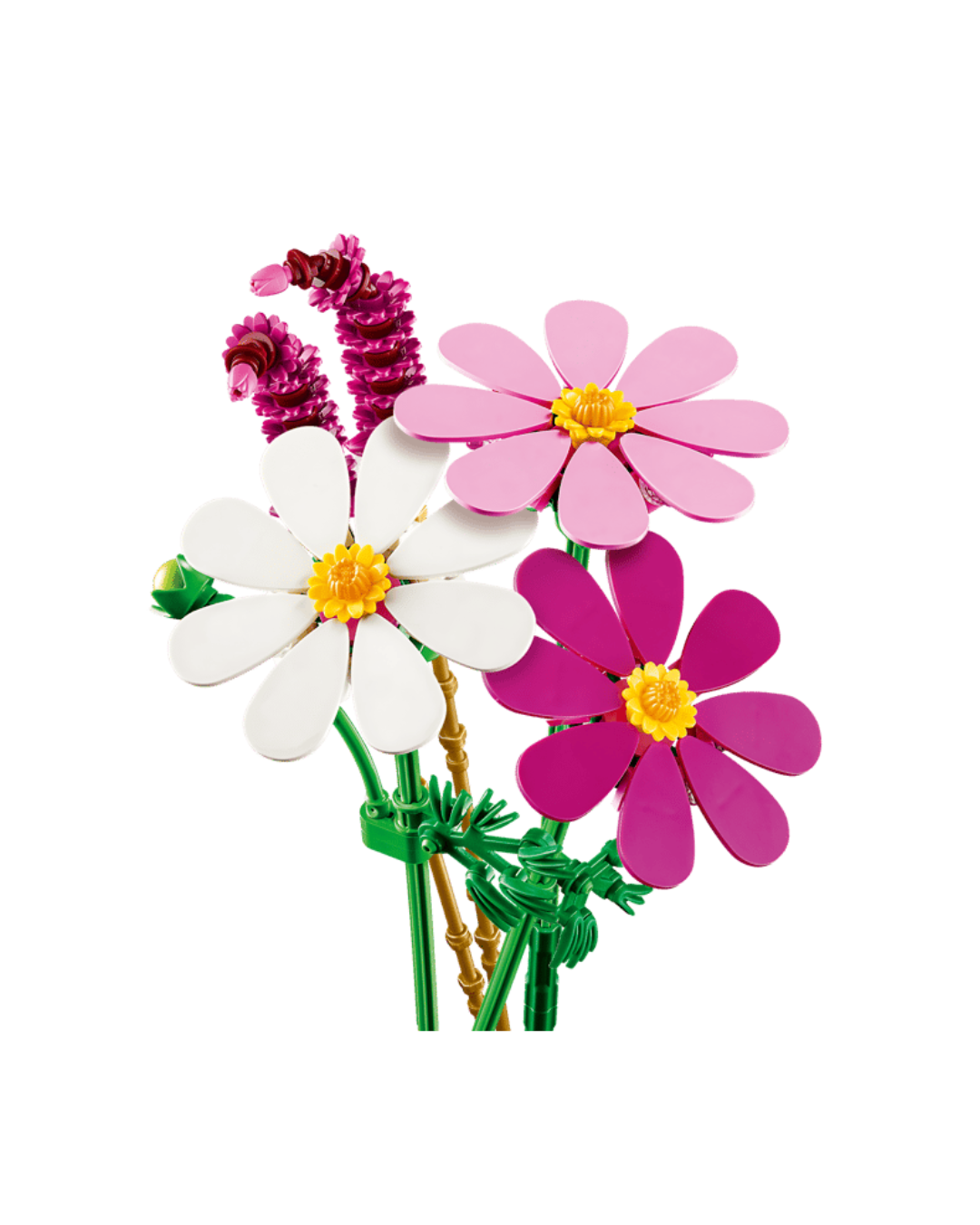 Three LEGO cosmos flowers and two fountain grass flowers in front of white background