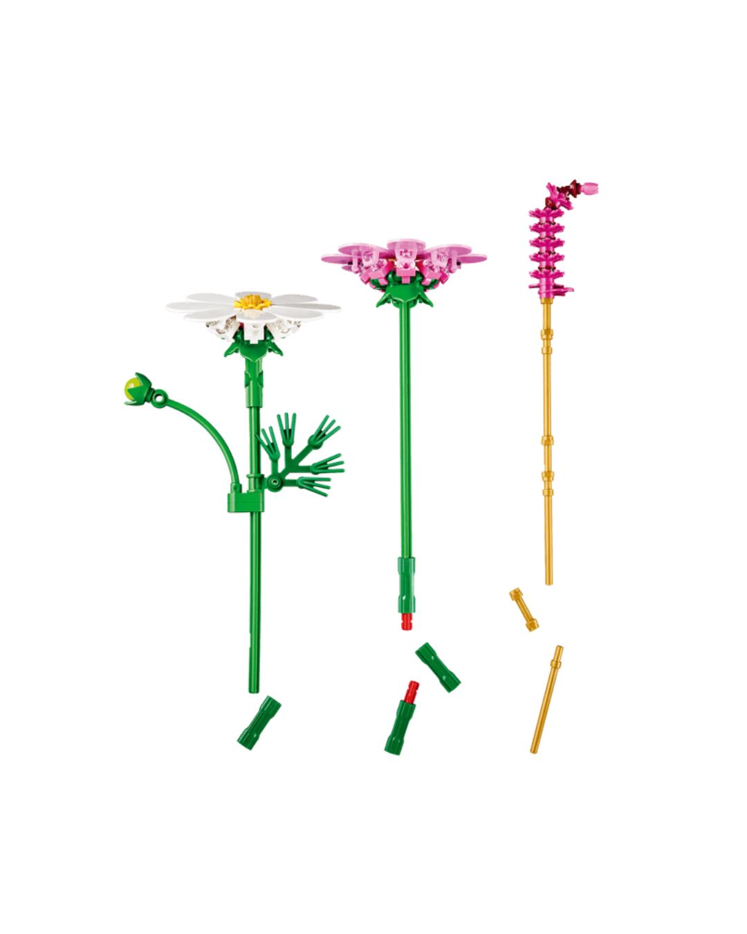 Side view of two LEGO cosmos flowers and one fountain grass flower in front of white background 