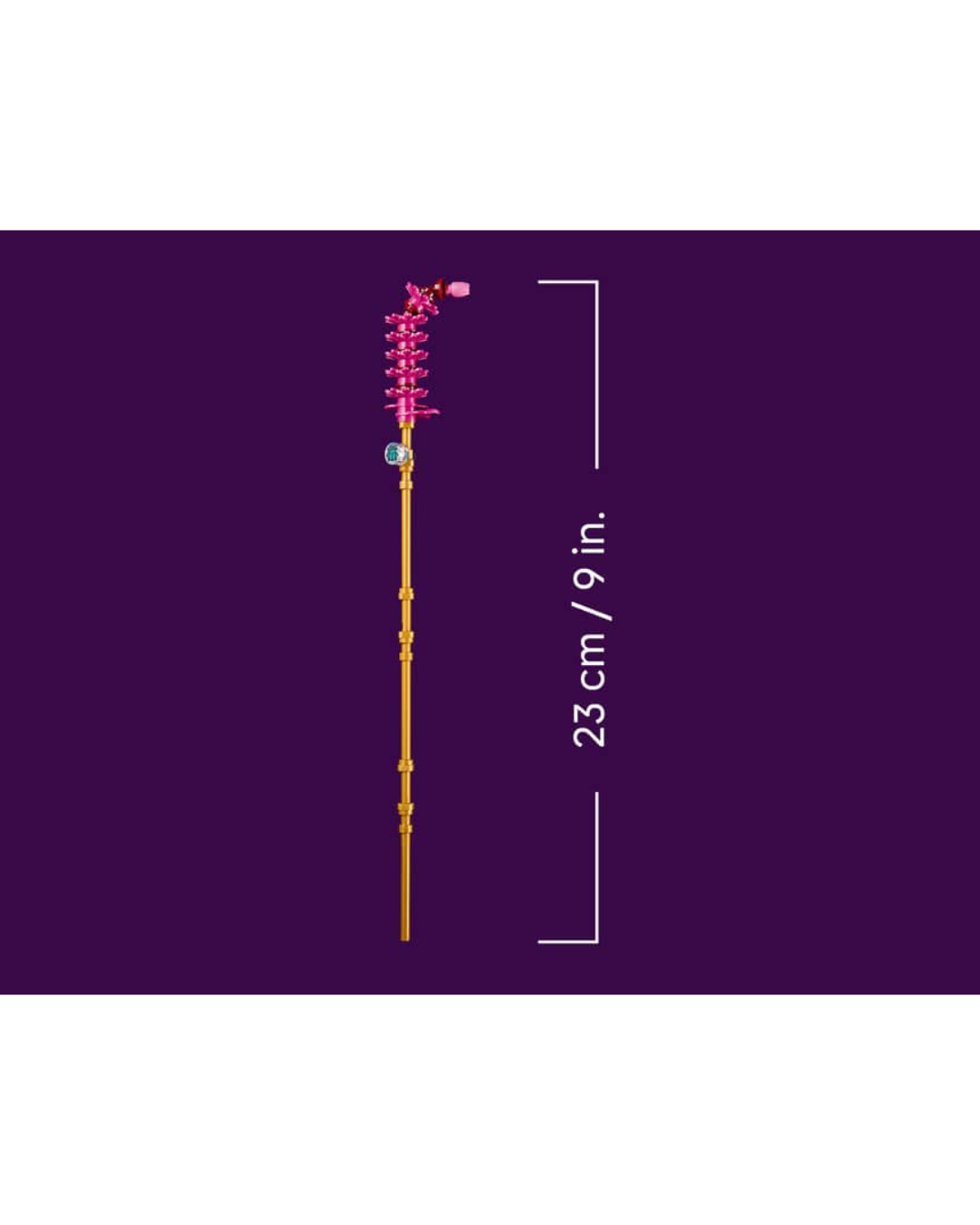 Side view of one LEGO fountain grass flower in front of purple background with measurements.