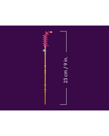 Side view of one LEGO fountain grass flower in front of purple background with measurements.