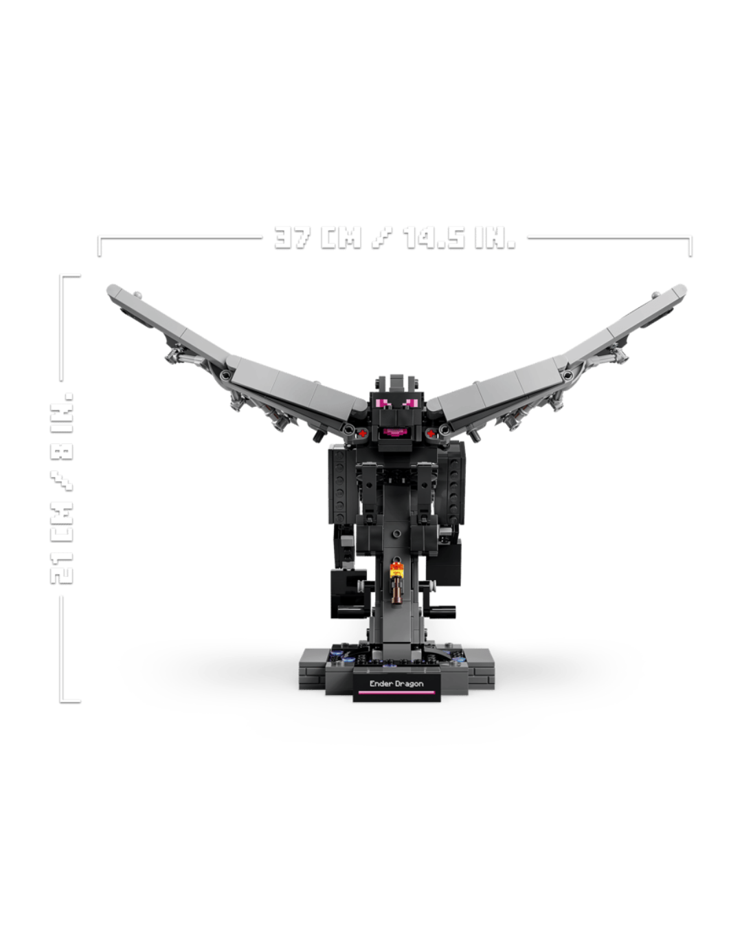 LEGO 21595 The Ender Dragon V92 in front of a white background. Measurements are displayed