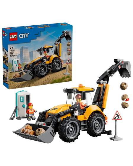 LEGO 60480 Yellow Backhoe Loader V2 with boulder, minifigure and portable toilet feature in front of product box and white background.